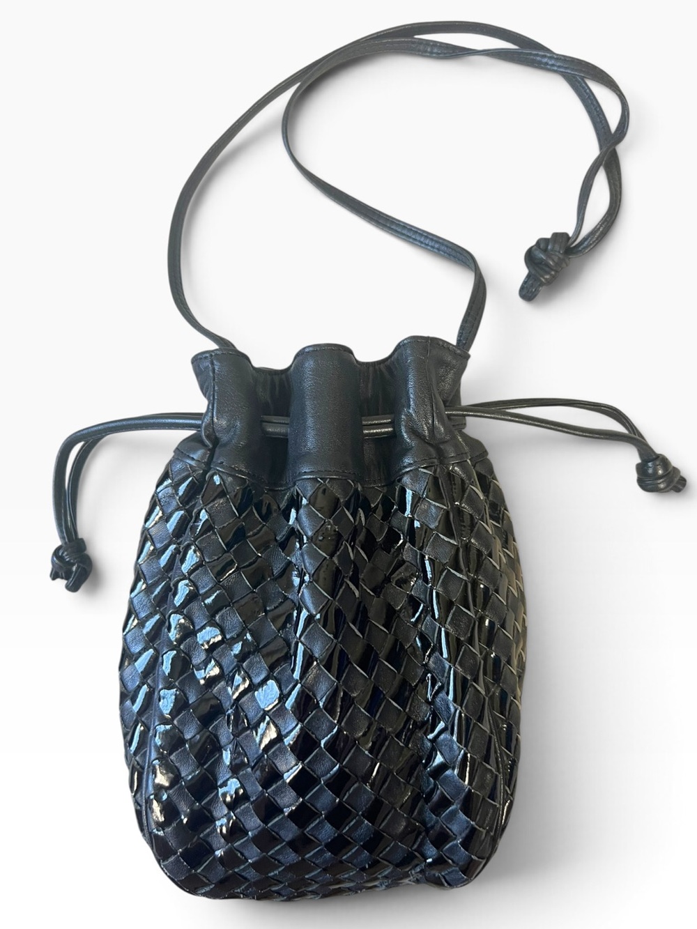 Vintage BRIO WOVEN BLACK GENUINE LEATHER CROSSBODY BUCKET BAG